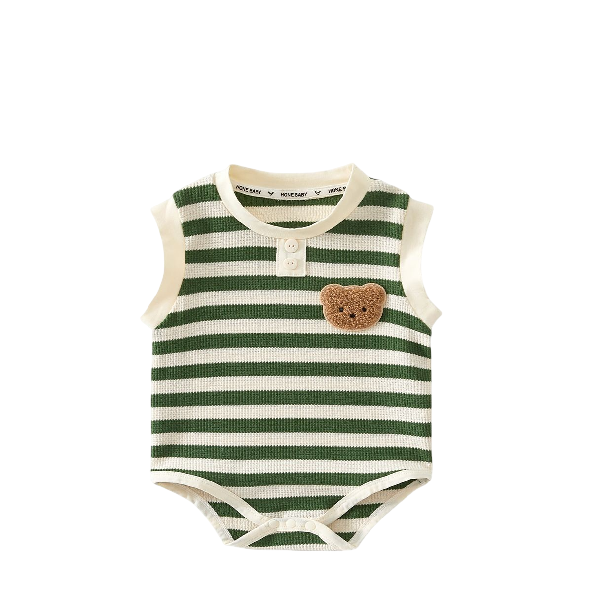 Green and white striped baby romper with a bear patch on a white background