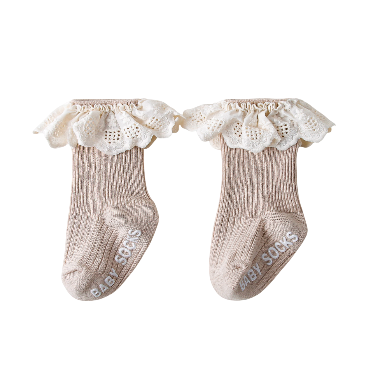 Pair of beige baby socks with lace trim on a white background