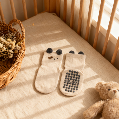Baby booties shaped like panda bears on a crib with a teddy bear and basket in the background.