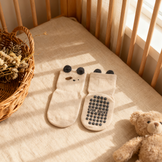 Baby booties shaped like panda bears on a crib with a teddy bear and basket in the background.