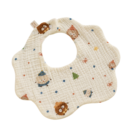 Baby bib with cartoon animal design on a white background