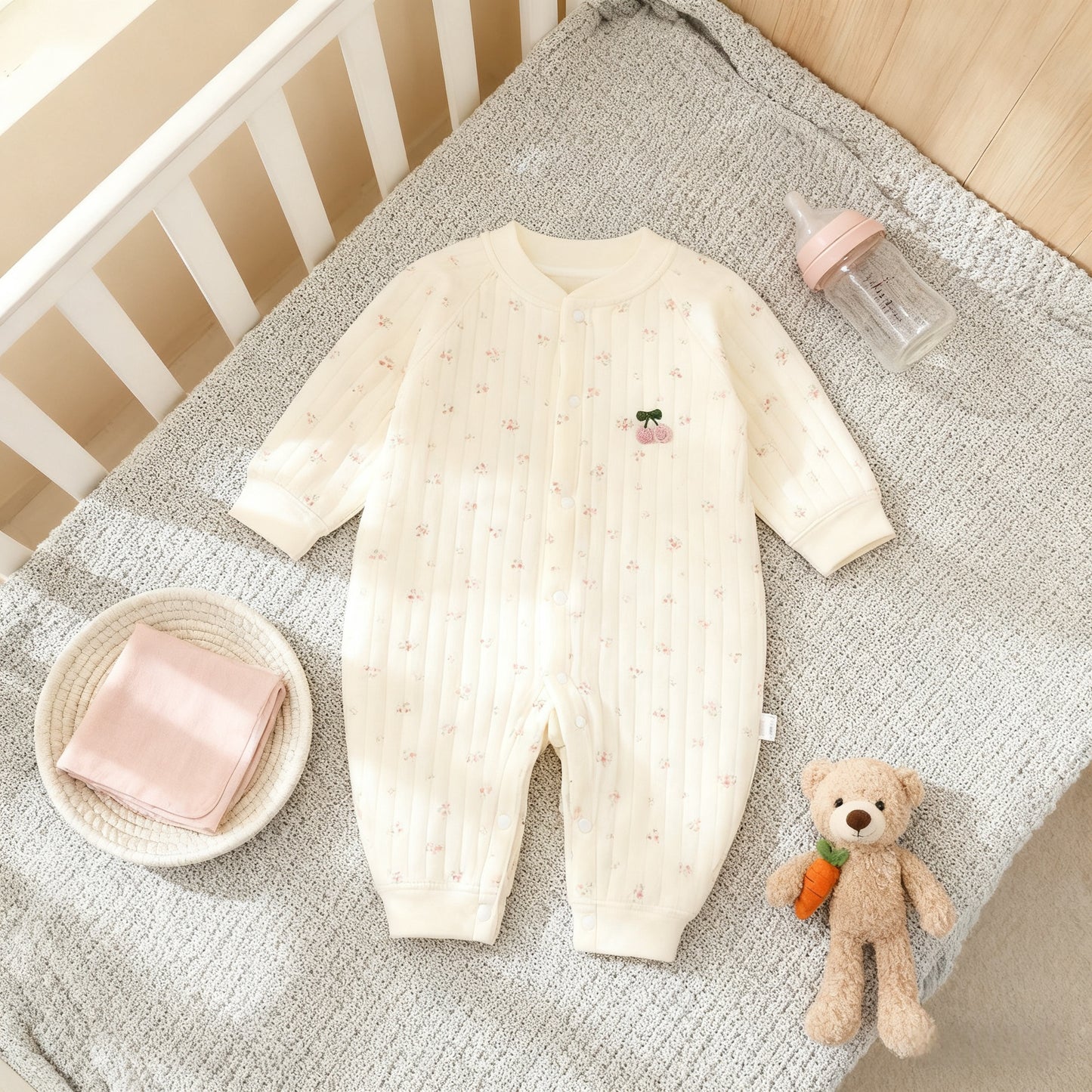 Baby onesie on a crib with a teddy bear and bottle