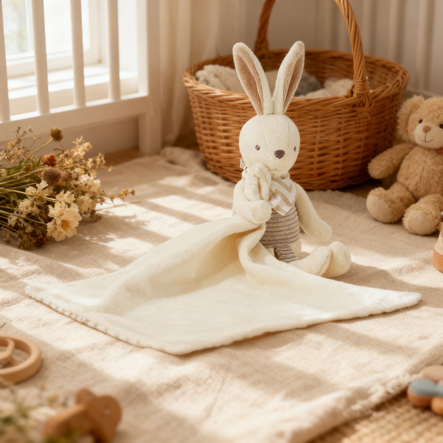 Stuffed rabbit toy with a blanket on a soft surface with a teddy bear and basket in the background.