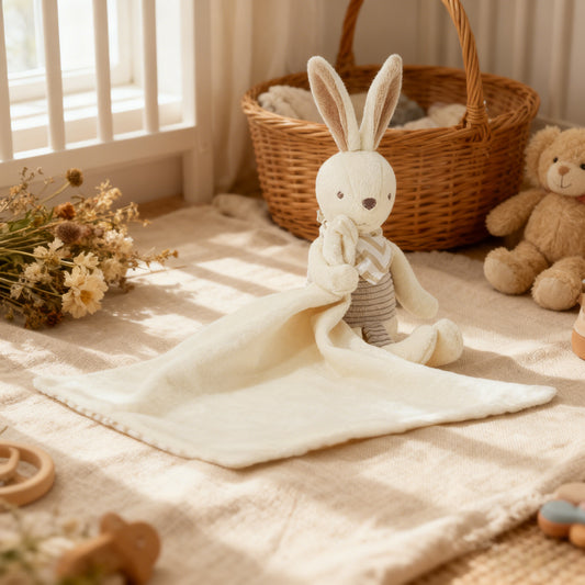 Stuffed rabbit toy with a blanket on a soft surface with a teddy bear and basket in the background.