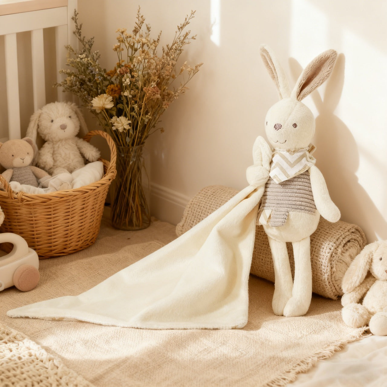 Stuffed rabbit toy with a blanket in a cozy room with other toys and decor.