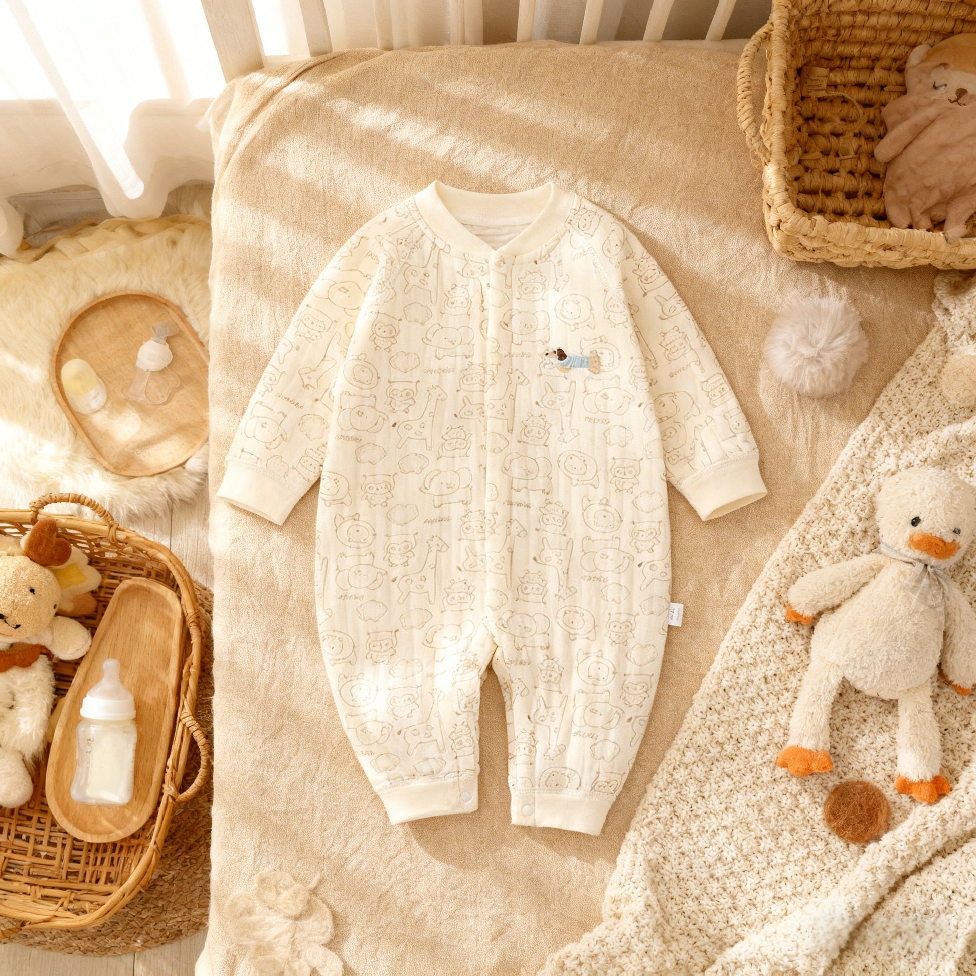 Baby onesie on a textured blanket with toys and baskets in the background