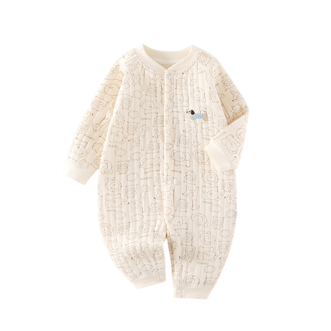 Cream-colored baby onesie with textured pattern on a white background