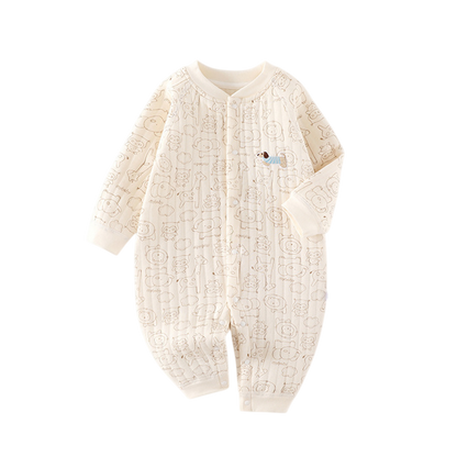 Cream-colored baby onesie with textured pattern on a white background