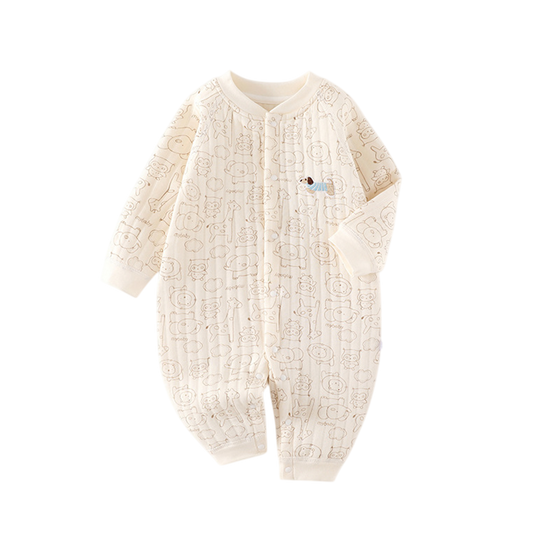 Cream-colored baby onesie with textured pattern on a white background