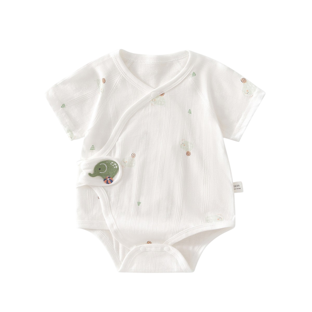 White baby bodysuit with green elephant design on a white background