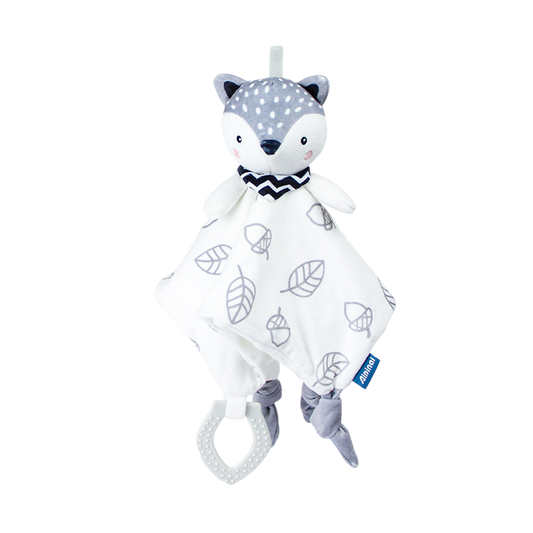 Plush toy with a white blanket featuring leaf patterns on a white background