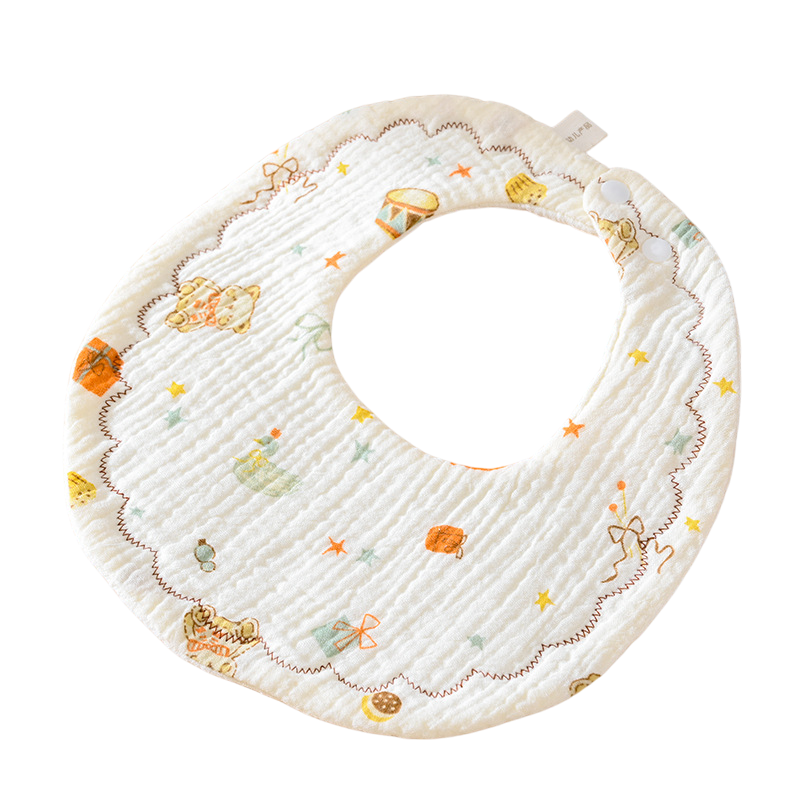 Baby bib with cartoon character pattern on a white background
