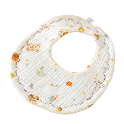 Baby bib with cartoon character pattern on a white background
