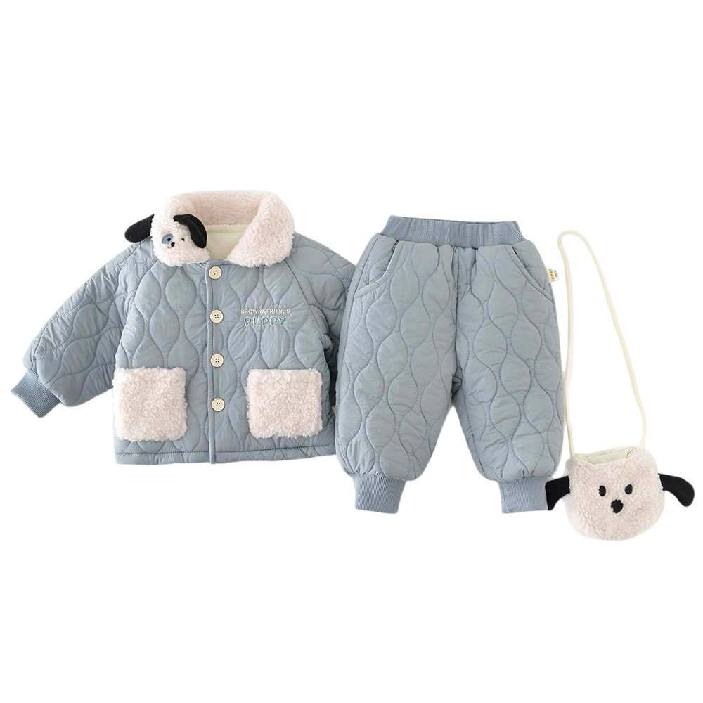 Children's quilted jacket, pants, and bag with plush dog face on a white background