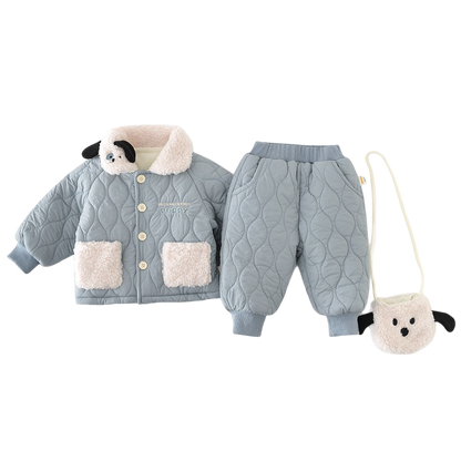 Children's quilted jacket, pants, and bag with plush dog face on a white background