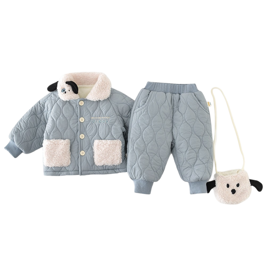 Children's quilted jacket, pants, and bag with plush dog face on a white background