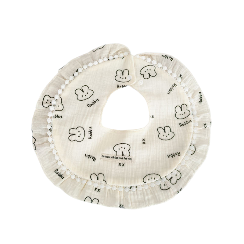 Baby bib with ruffled edge and cartoon character prints on a white background