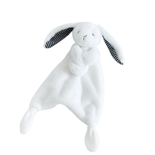 White plush bunny toy with black striped ears on a white background