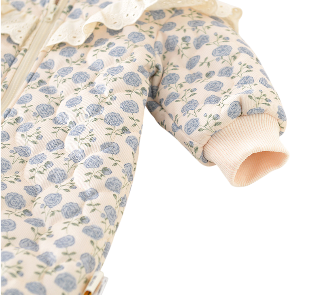 French Blue Rose Winter Baby Romper