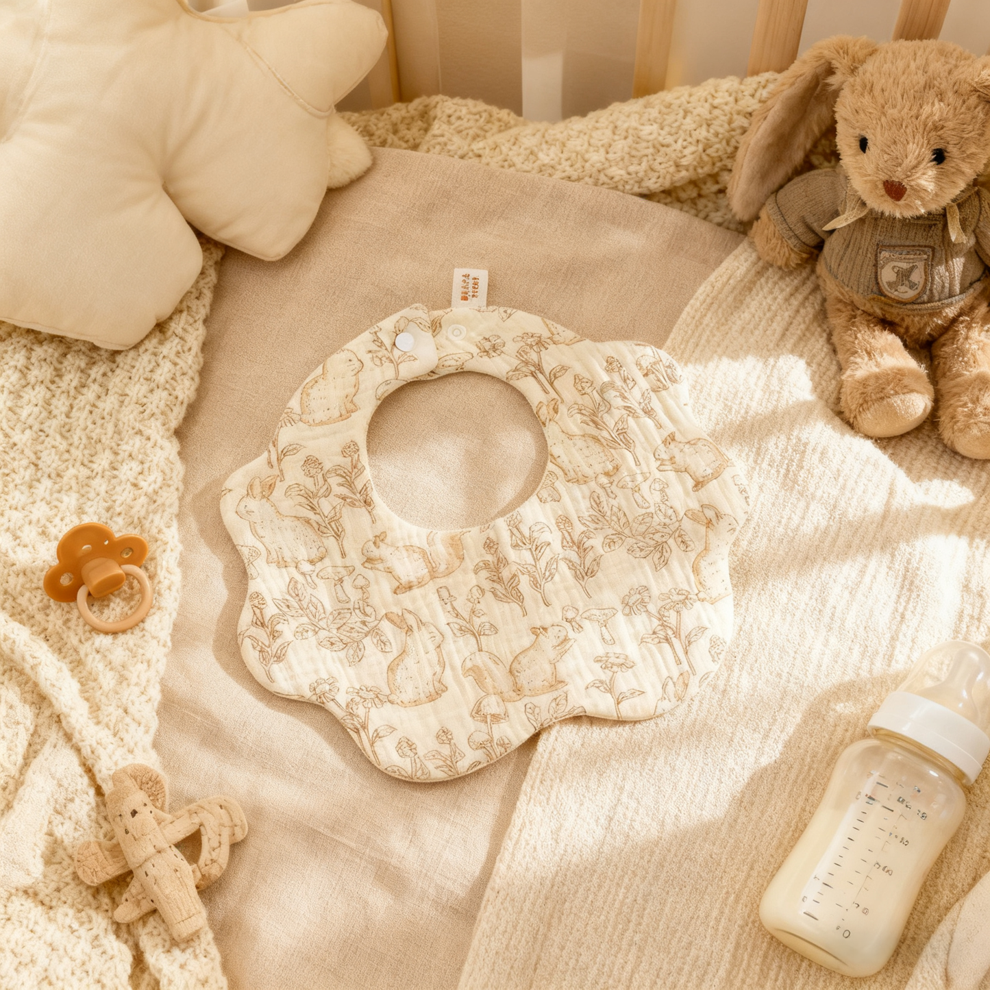 Baby bib with lace details on a soft textured surface with toys and a bottle.