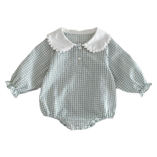 Peter Pan Collar Plaid Baby Bodysuit on a white background