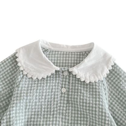 Peter Pan Collar Plaid Baby Bodysuit on a white background, view 2