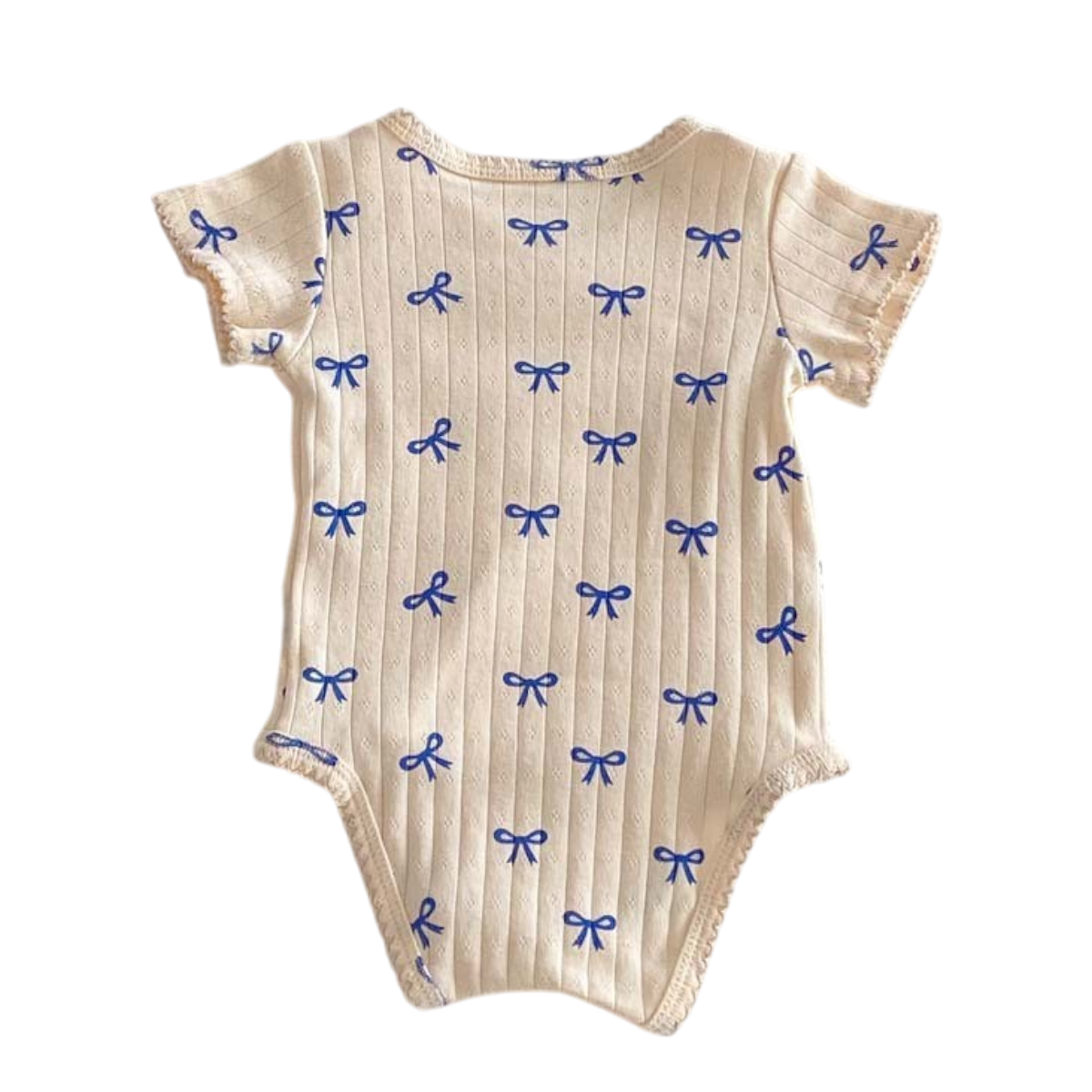 Blue Bow Baby Bodysuit on a white background, view 2