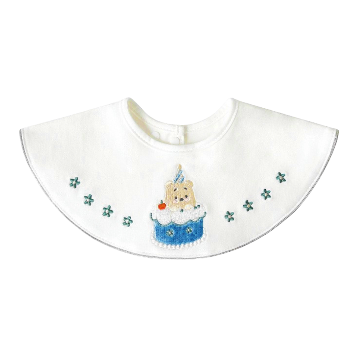 Bear Birthday Cake Baby Bib on a white background