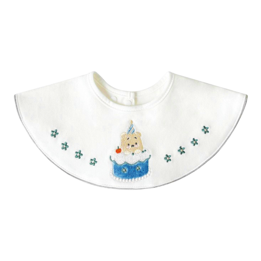 Bear Birthday Cake Baby Bib on a white background