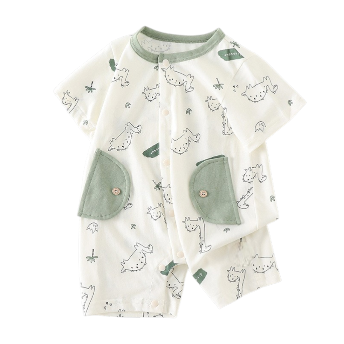 Sage Green Dinosaur Baby Romper on a white background, view 2