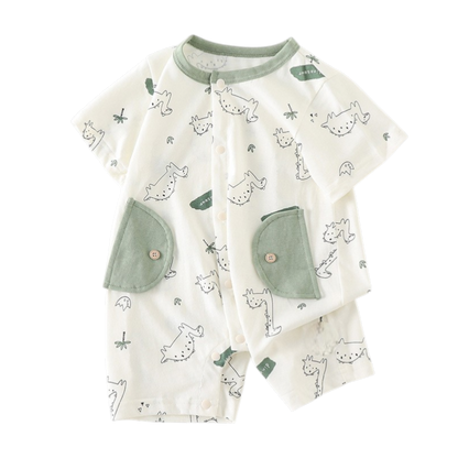 Sage Green Dinosaur Baby Romper on a white background, view 2