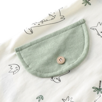 Sage Green Dinosaur Baby Romper on a white background, view 4
