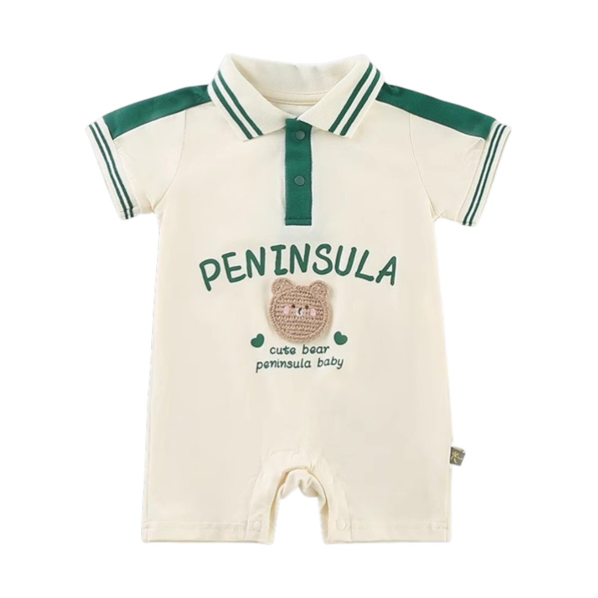 Green Contrast Sleeve Polo Baby Romper on a white background