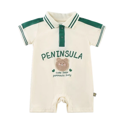 Green Contrast Sleeve Polo Baby Romper on a white background
