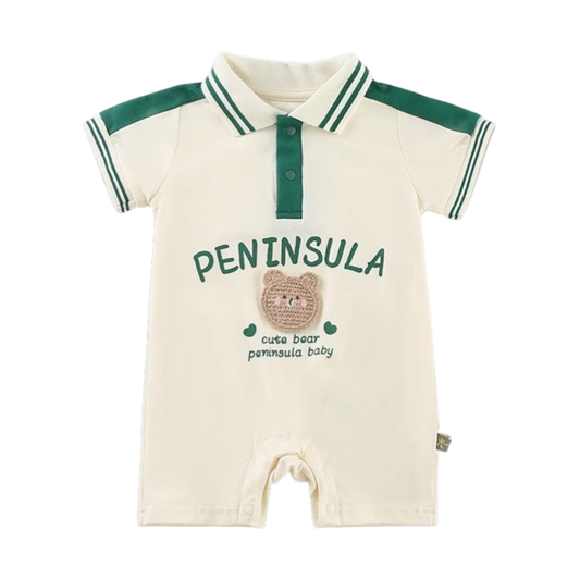 Green Contrast Sleeve Polo Baby Romper on a white background