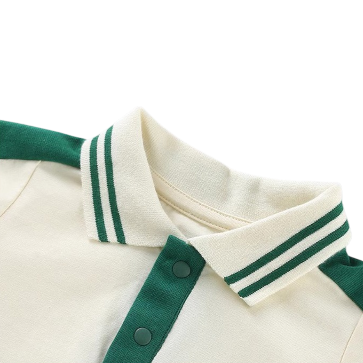 Green Contrast Sleeve Polo Baby Romper on a white background, view 3