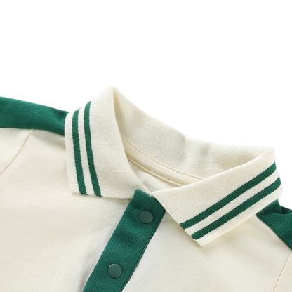 Green Contrast Sleeve Polo Baby Romper on a white background, view 3