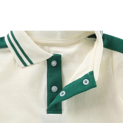 Green Contrast Sleeve Polo Baby Romper on a white background, view 4