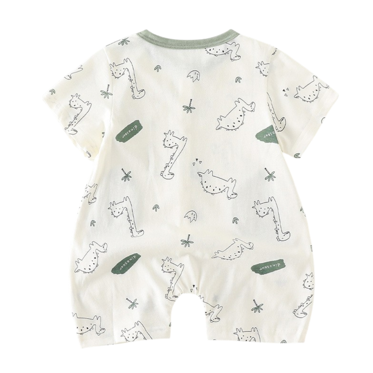 Sage Green Dinosaur Baby Romper on a white background, view 3