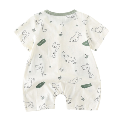 Sage Green Dinosaur Baby Romper on a white background, view 3