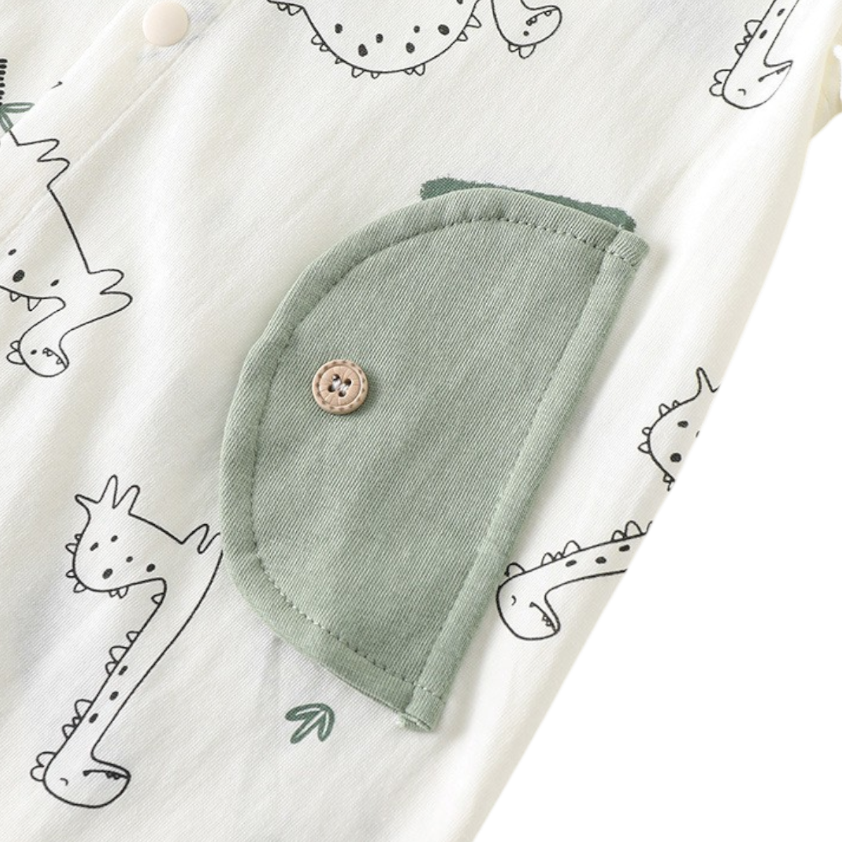 Sage Green Dinosaur Baby Romper on a white background, view 5
