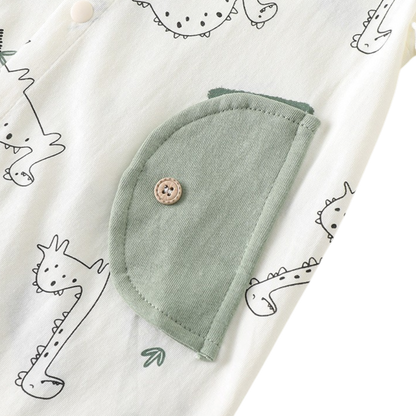 Sage Green Dinosaur Baby Romper on a white background, view 5