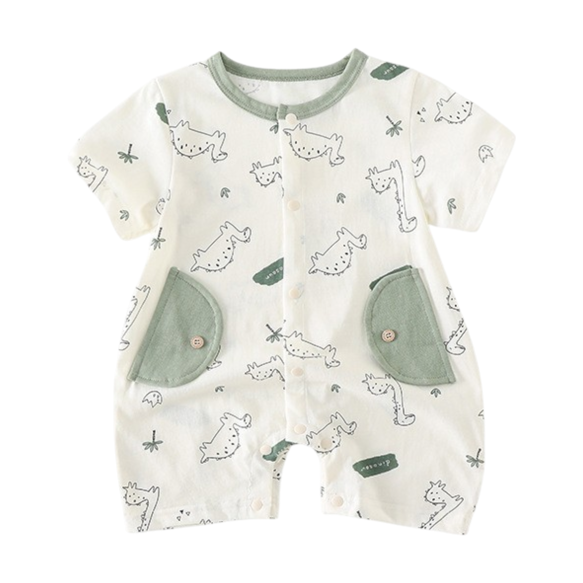 Sage Green Dinosaur Baby Romper on a white background