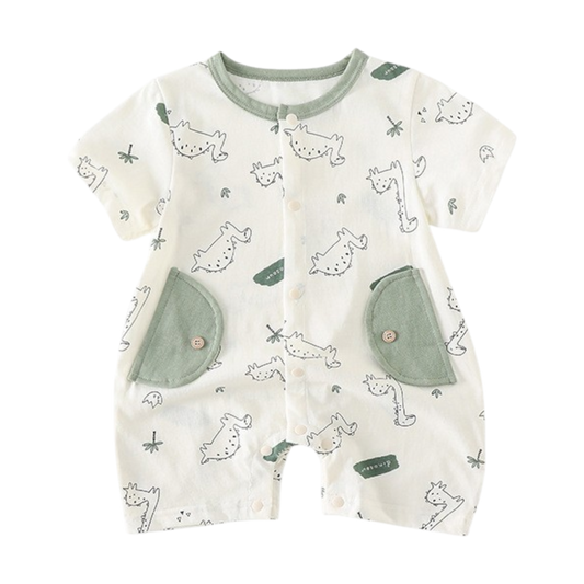Sage Green Dinosaur Baby Romper on a white background