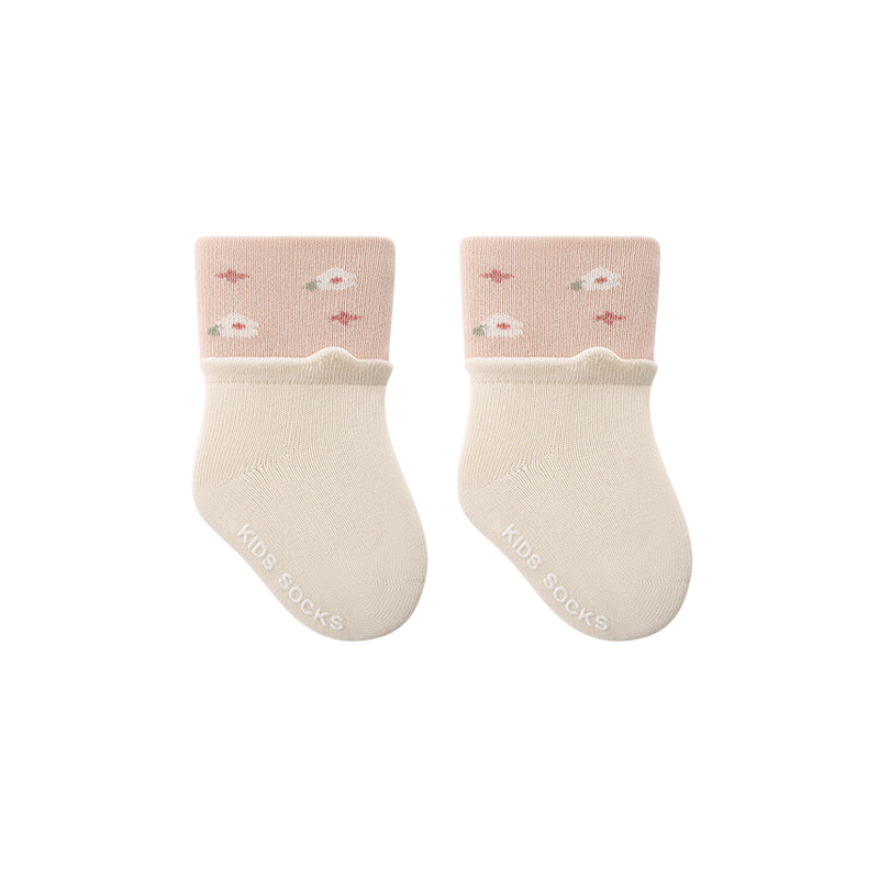 Pair of baby socks with pink tops and white cuffs on a white background