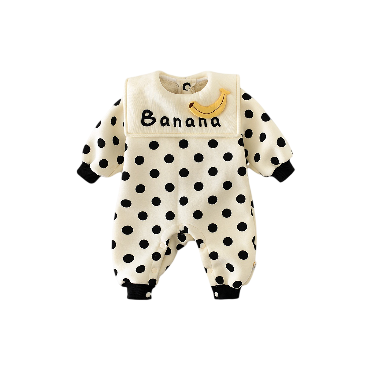 Baby onesie with black polka dots and 'Banana' text on a white background