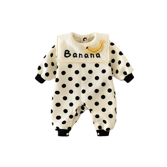 Baby onesie with black polka dots and 'Banana' text on a white background