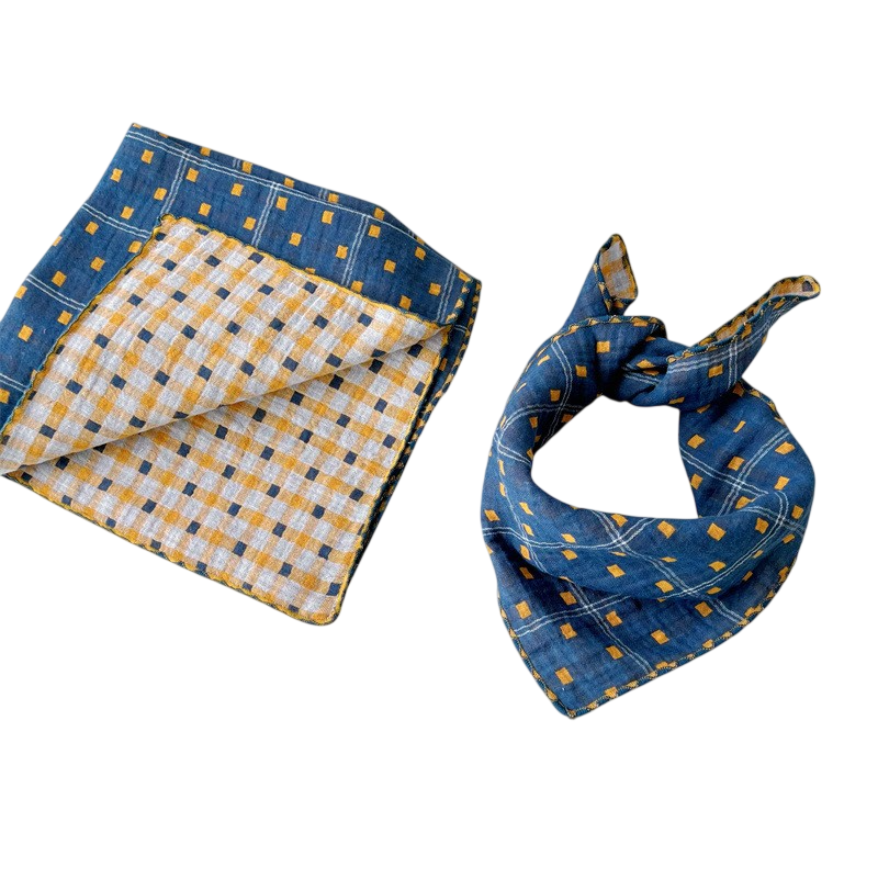 Two fabric swatches, one blue and yellow checkered, the other solid blue with yellow pattern, on a white background.