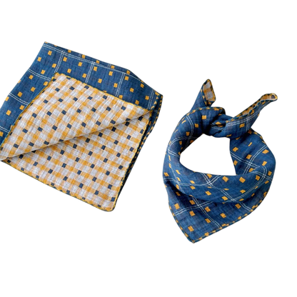 Two fabric swatches, one blue and yellow checkered, the other solid blue with yellow pattern, on a white background.