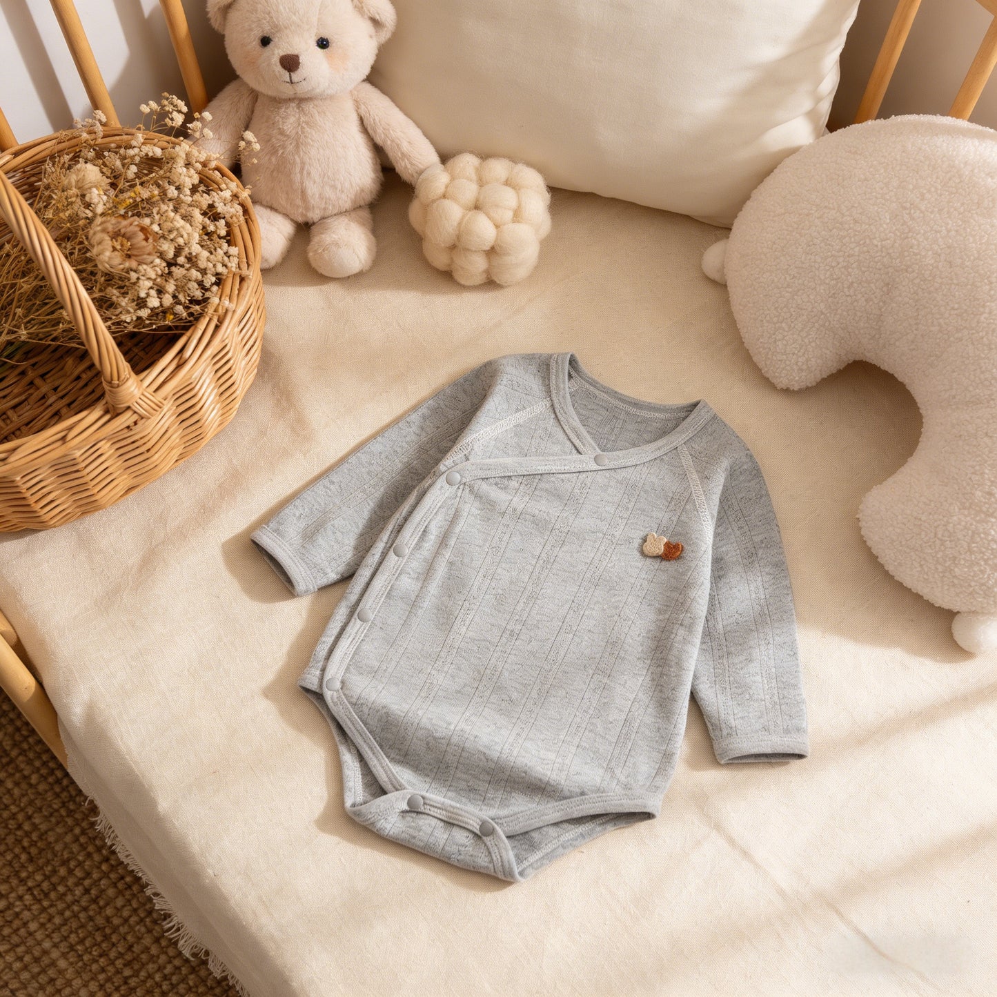 Gray baby onesie on a soft surface with toys and a basket in the background